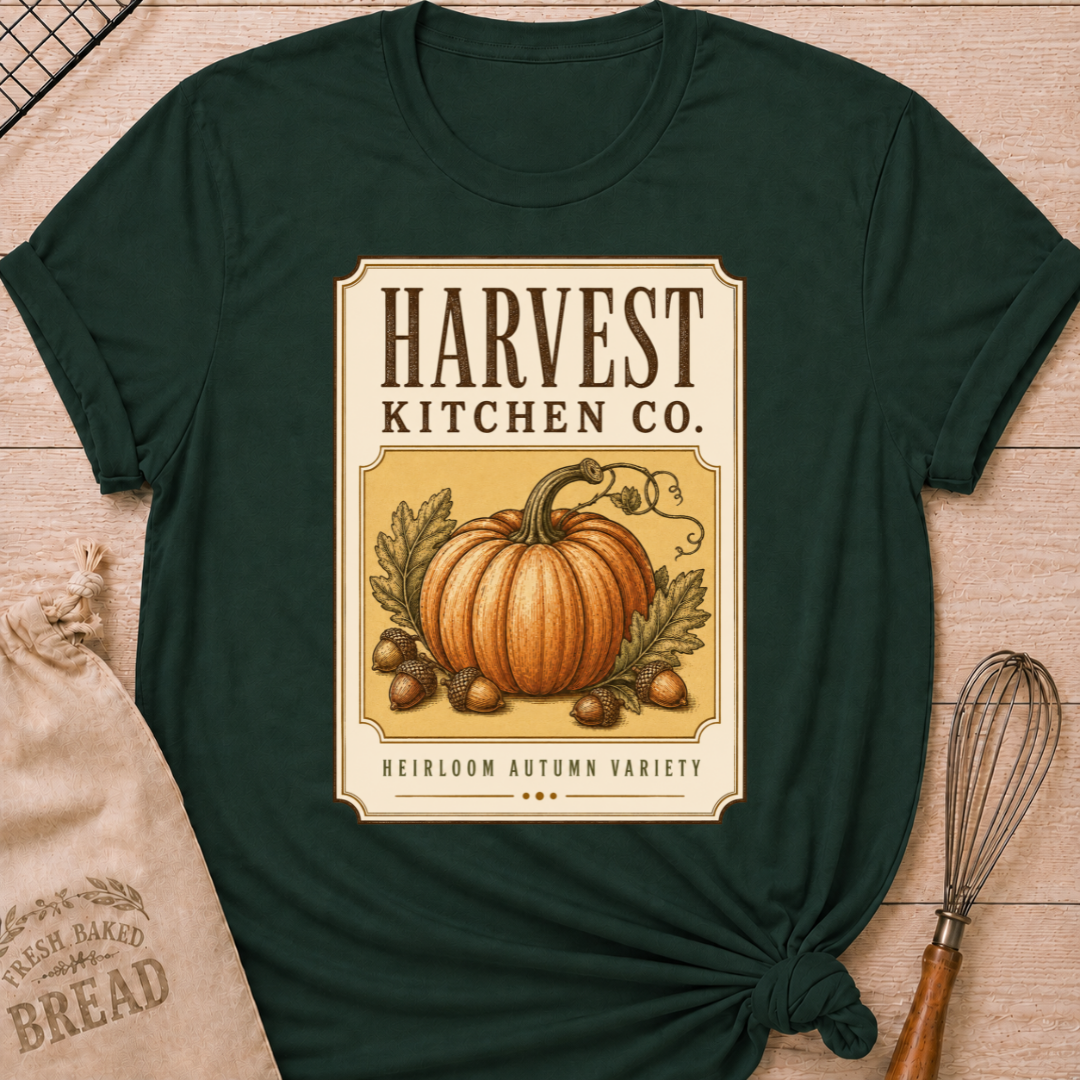 Forest Green women's relaxed fit tee with a vintage produce label design, an heirloom pumpkin, oak leaves and acorns