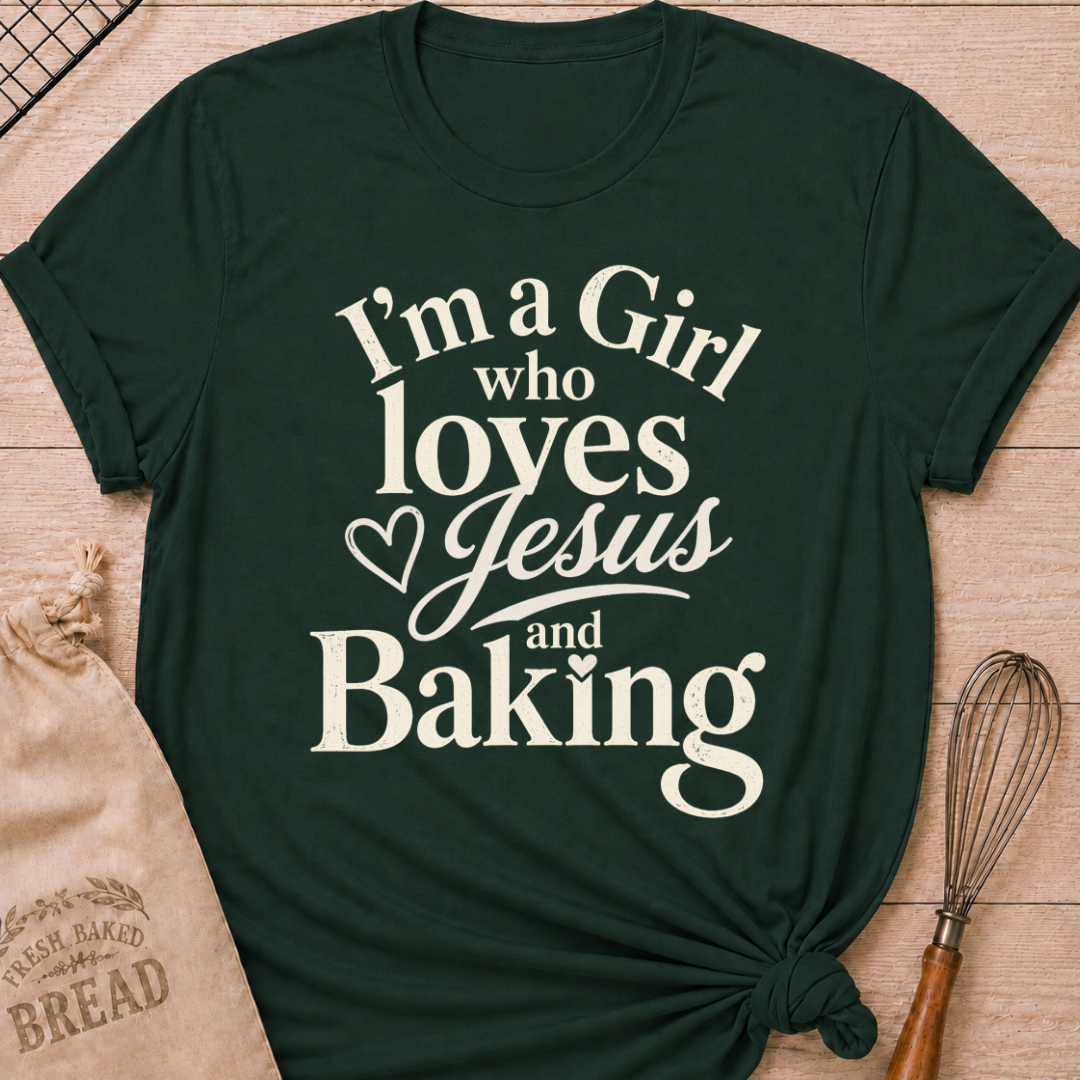 Forest Green I'm a Girl Who Loves Jesus and Baking women's relaxed fit tee with warm vintage typography