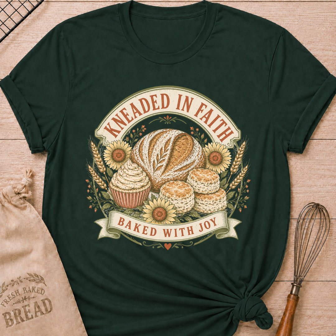 A forest green graphic t-shirt styled with a knotted hem, laid flat on a light wood background with a drawstring bread bag and a whisk. The shirt features a vintage-inspired circular badge illustration with the words "Kneaded in Faith" arched across the top and "Baked with Joy" on a ribbon banner at the bottom. Inside the badge: a rustic artisan bread loaf, a frosted cupcake, and biscuits, surrounded by sunflowers, wheat stalks, and small floral accents, all rendered in warm cream, gold, and sage tones
