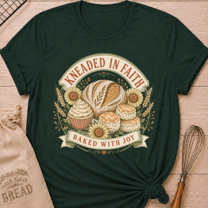 A forest green graphic t-shirt styled with a knotted hem, laid flat on a light wood background with a drawstring bread bag and a whisk. The shirt features a vintage-inspired circular badge illustration with the words "Kneaded in Faith" arched across the top and "Baked with Joy" on a ribbon banner at the bottom. Inside the badge: a rustic artisan bread loaf, a frosted cupcake, and biscuits, surrounded by sunflowers, wheat stalks, and small floral accents, all rendered in warm cream, gold, and sage tones