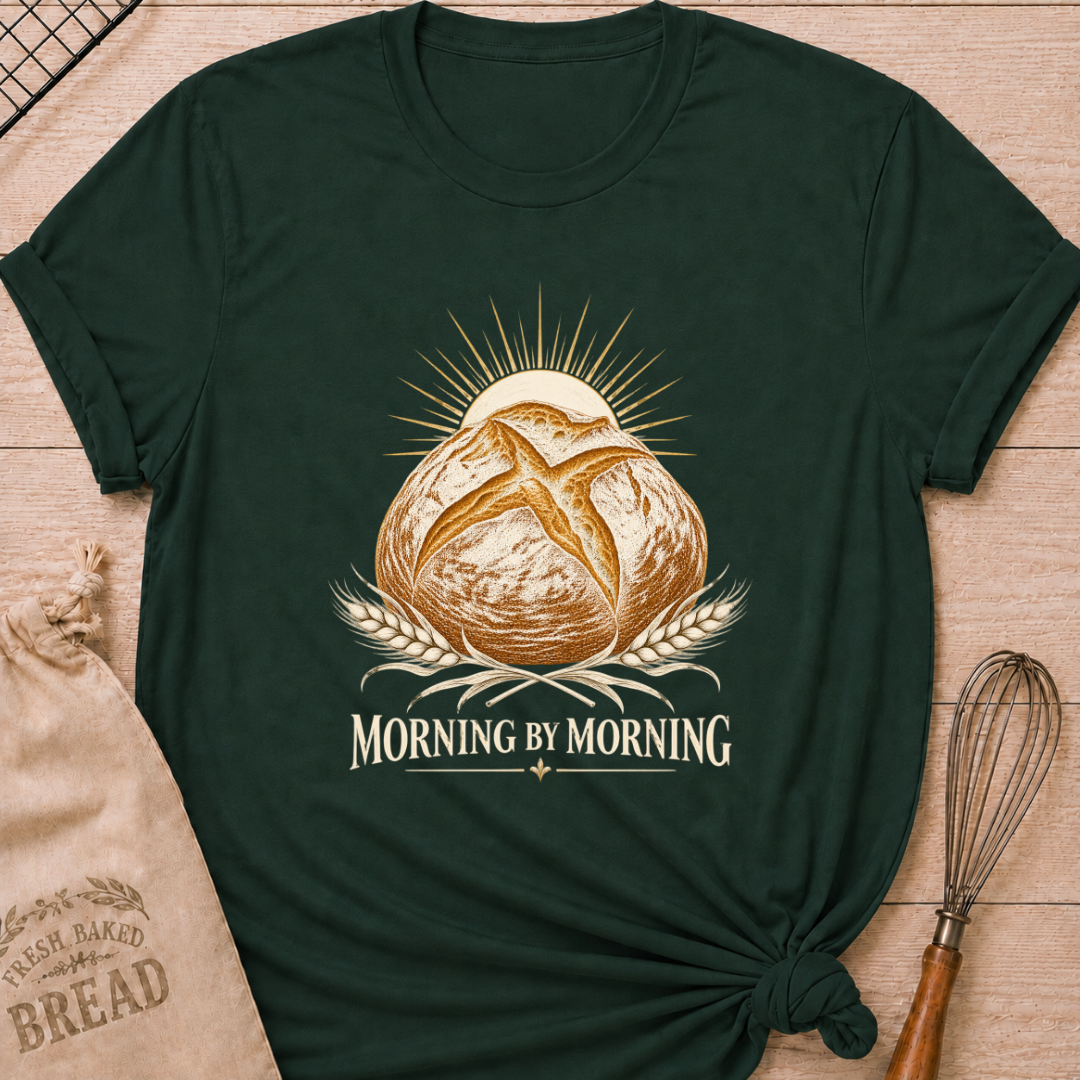 Forest Green women's relaxed fit tee with a rustic artisan loaf rising beneath a radiant sun, framed by golden wheat in a warm vintage style, above Morning by Morning lettering