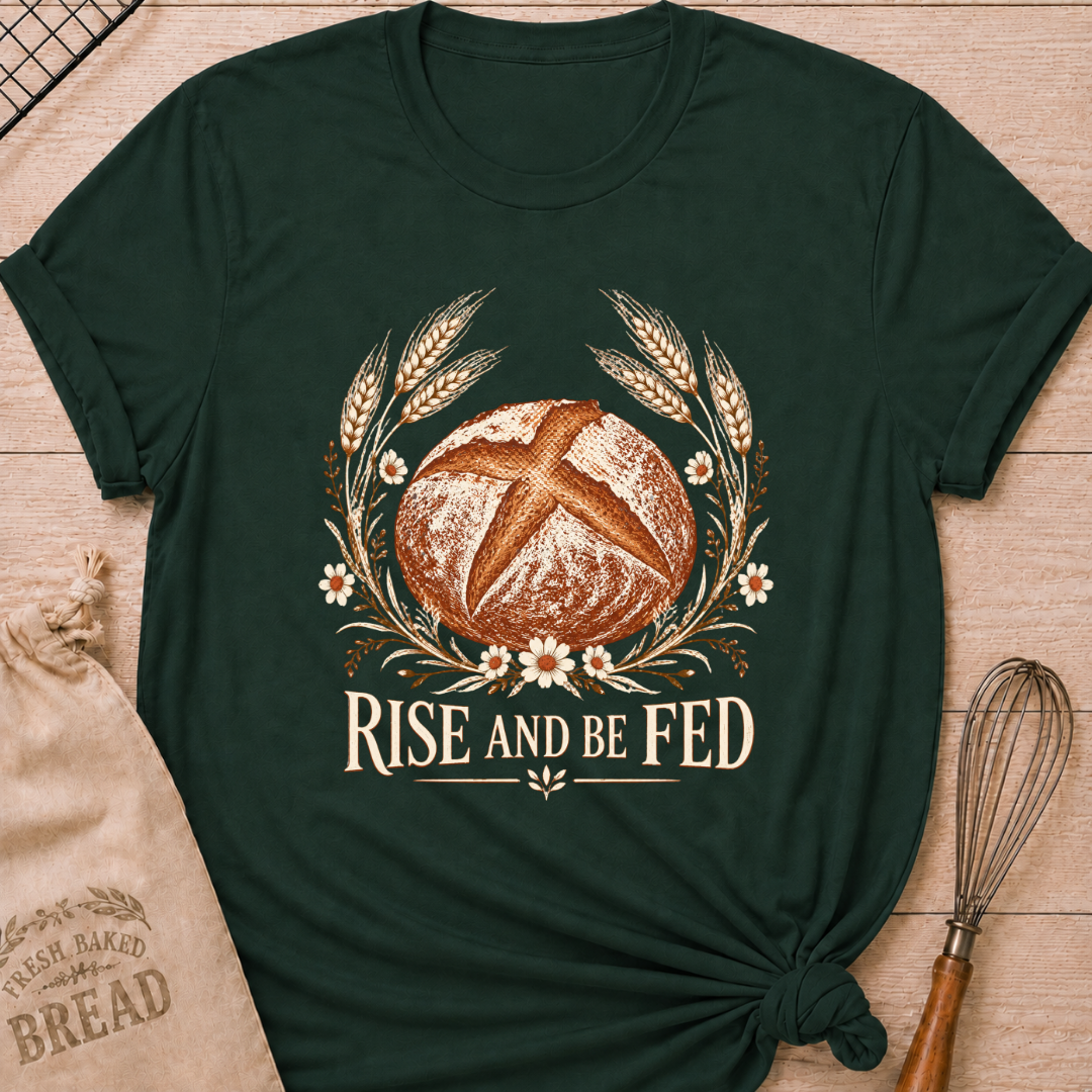 Forest Green women's relaxed fit tee with a detailed artisan loaf framed by wheat and delicate wildflowers in a soft vintage style, above Rise and Be Fed lettering