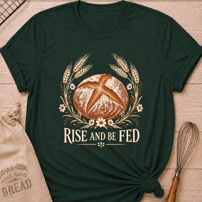 Forest Green women's relaxed fit tee with a detailed artisan loaf framed by wheat and delicate wildflowers in a soft vintage style, above Rise and Be Fed lettering
