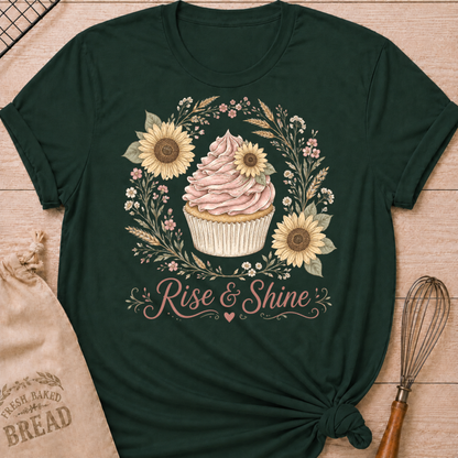 A dark forest green t-shirt with a graphic of a pink frosted cupcake surrounded by sunflowers and the text 'Rise & Shine'. The shirt is styled flat on a light wood background with a burlap bag and a whisk.