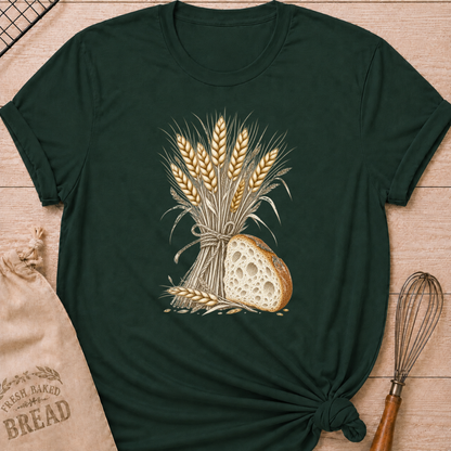 Forest Green women's relaxed fit tee with a hand-tied bundle of golden wheat beside a richly textured slice of artisan bread