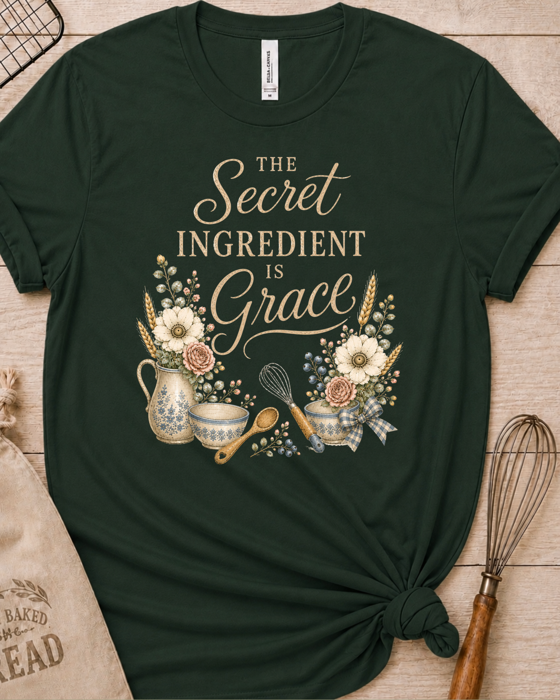 Forest green women's relaxed fit t-shirt reading The Secret Ingredient is Grace, framed by a floral pitcher, mixing bowls, a whisk, and a wooden spoon.