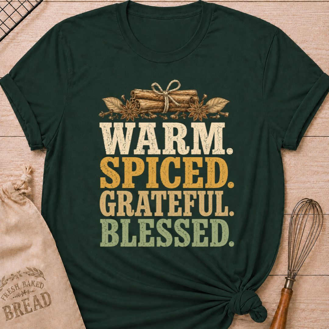 Forest Green women's relaxed fit tee with bold vintage Warm Spiced Grateful Blessed lettering, cinnamon sticks, star anise and cloves in a fall palette