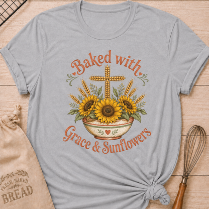 A light gray graphic t-shirt with a 'Baked with Grace & Sunflowers' design featuring sunflowers, wheat, and a cross, styled flat-lay on a wooden surface with a bread bag and whisk.