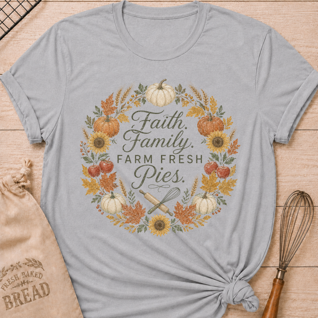Women's relaxed fit graphic tee in Athletic Heather with "Faith, Family, Farm Fresh Pies" design, featuring warm farmhouse-inspired typography on a heathered grey shirt