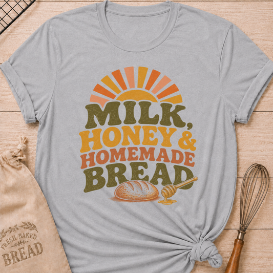 Athletic Heather Milk, Honey and Homemade Bread women's relaxed fit tee with vintage farm stand lettering, rising sun, artisan loaf, and honey dipper