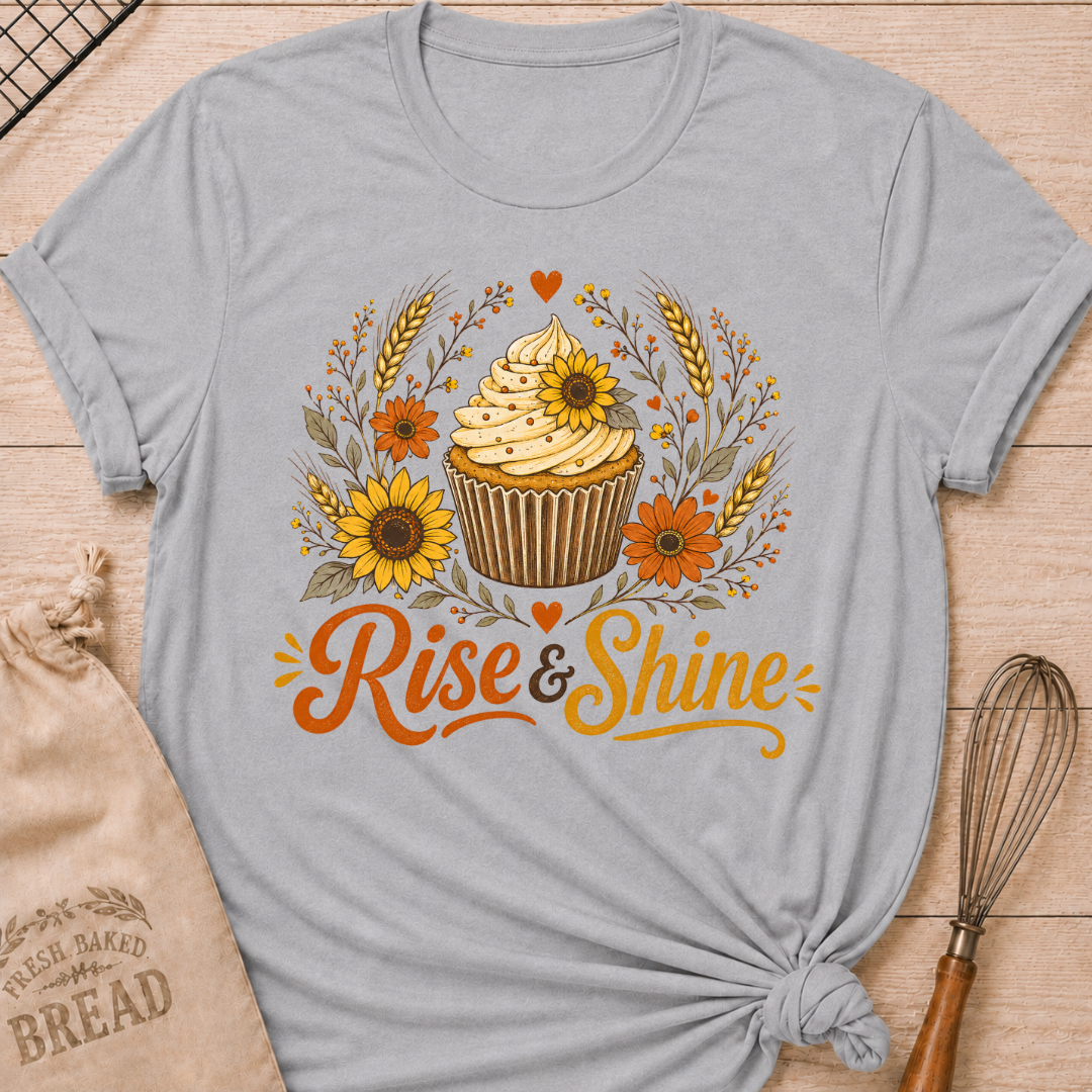 A light gray short-sleeve t-shirt with a 'Rise & Shine' autumn-themed cupcake graphic, styled flat on a wooden surface with a burlap bag and whisk. graphic t-shirt styled with a knotted hem, laid flat on a light wood background with a drawstring bread bag and a whisk. The shirt features a warm, vintage-inspired illustration of a frosted cupcake surrounded by sunflowers, orange daisy-like flowers, wheat stalks, berry sprigs, and heart accents, with the words "Rise & Shine" written below in bold retro script 