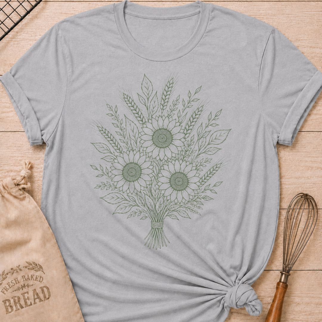 An athletic heather grey graphic t-shirt styled with a knotted hem, laid flat on a light wood background with a drawstring bread bag and a whisk. The shirt features a detailed botanical line art illustration of three sunflowers bundled together with wheat stalks and leafy foliage, tied at the base with twine, all rendered in soft sage green.
