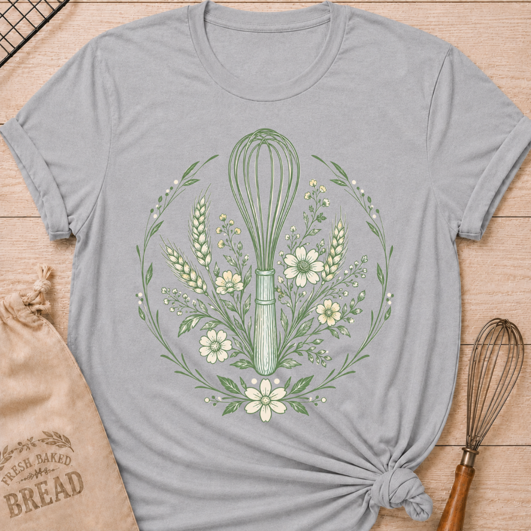 A heather grey graphic t-shirt styled with a knotted hem, laid flat on a light wood background with a drawstring bread bag and a whisk. The shirt features a detailed botanical illustration of a kitchen whisk centered within a circular wreath of wildflowers, wheat stalks, daisies, and delicate foliage, all rendered in sage green line art.