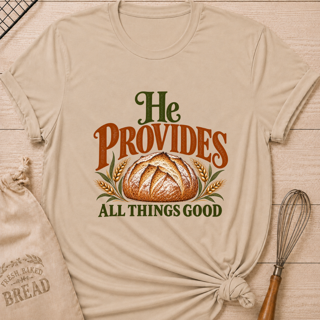 Heather Stone women's relaxed fit tee with a rustic artisan loaf framed by golden wheat and earthy vintage He Provides All Things Good lettering