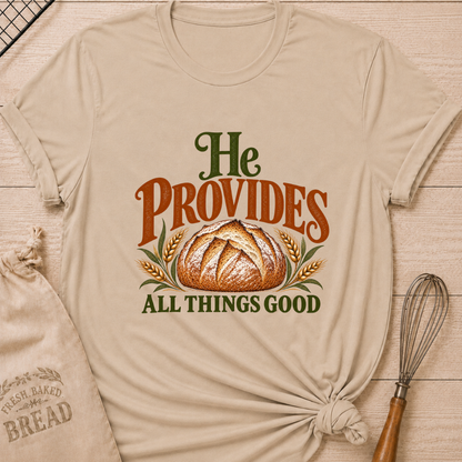 Heather Stone women's relaxed fit tee with a rustic artisan loaf framed by golden wheat and earthy vintage He Provides All Things Good lettering