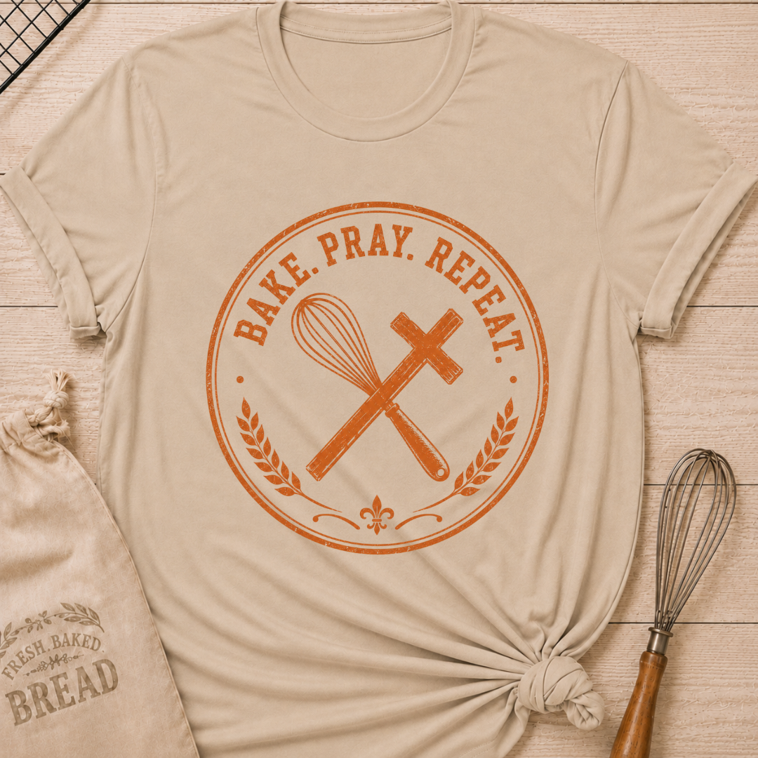 Heather stone women's relaxed fit t-shirt with the words Bake. Pray. Repeat. inside a vintage bakery emblem with a classic whisk, a rolling pin, and wheat details.