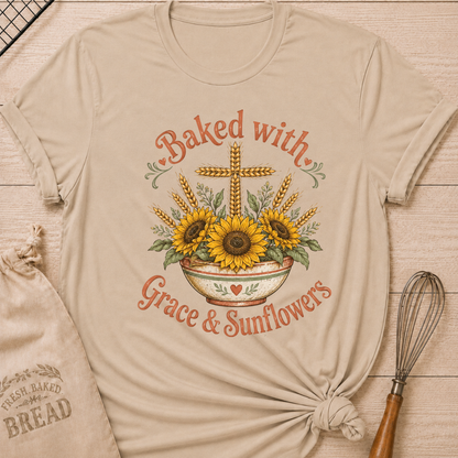 A beige graphic T-shirt laid flat on a light wood surface, styled with a drawstring bread bag, whisk, and baking tray. The shirt reads 'Baked with Grace & Sunflowers' around a sunflower and wheat bowl illustration.