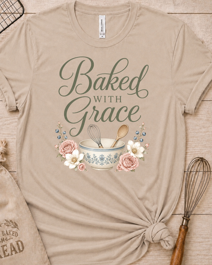 Heather stone women's relaxed fit t-shirt with Baked with Grace in script surrounded by soft blue watercolor florals.