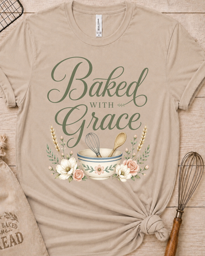 Heather stone women's relaxed fit t-shirt with Baked with Grace in script surrounded by golden wheat stalks and soft watercolor florals.