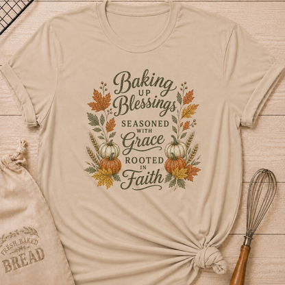 Heather Stone women's relaxed fit tee with elegant vintage Baking Up Blessings, Seasoned With Grace, Rooted in Faith lettering framed by ivory and orange pumpkins, golden wheat and richly colored fall leaves