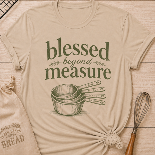 Heather stone women's relaxed fit t-shirt with the words Blessed Beyond Measure in vintage lettering and a stack of measuring cups.