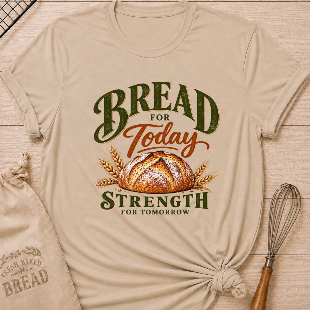 Heather Stone women's relaxed fit tee with a golden artisan loaf and wheat in rich earthy tones, with bold vintage Bread for Today, Strength for Tomorrow lettering