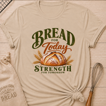 Heather Stone women's relaxed fit tee with a golden artisan loaf and wheat in rich earthy tones, with bold vintage Bread for Today, Strength for Tomorrow lettering