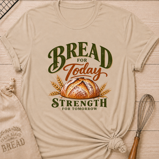 Heather Stone women's relaxed fit tee with a golden artisan loaf and wheat in rich earthy tones, with bold vintage Bread for Today, Strength for Tomorrow lettering