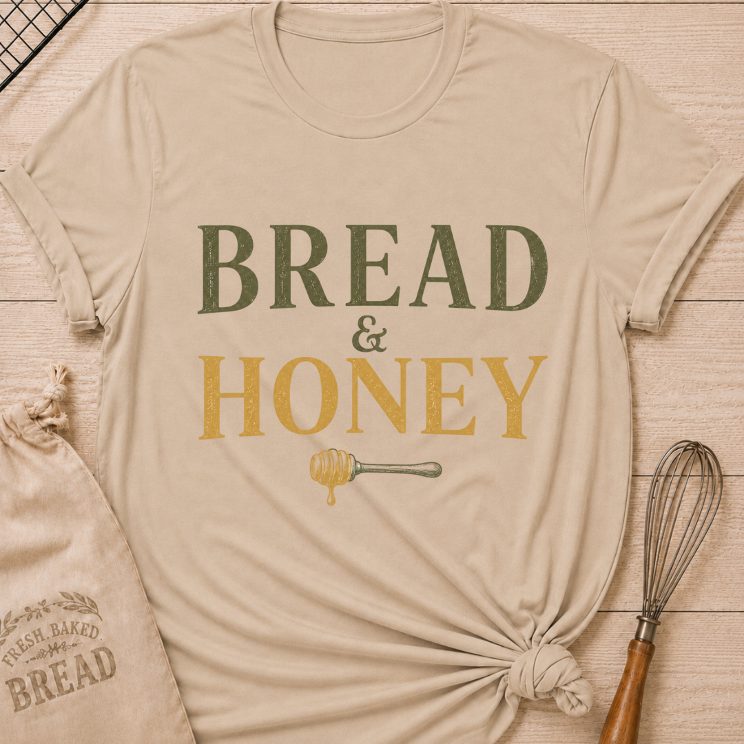 Heather Stone Bread and Honey women's relaxed fit tee with vintage lettering and a dripping honey dipper