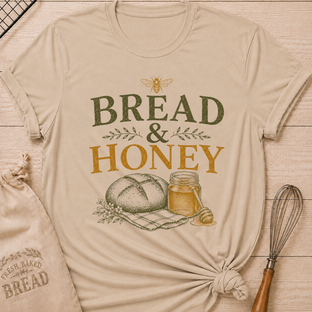 Heather Stone Bread and Honey Bee women's relaxed fit tee with a rustic loaf, golden honey, a honeybee and delicate greenery