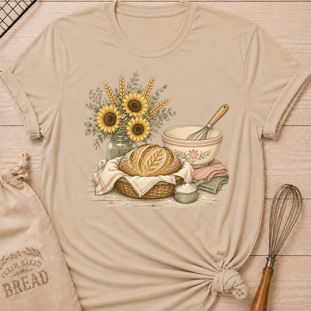 Heather Stone Bread and Sunflower Bouquet women's relaxed fit tee with a rustic artisan loaf, a vintage mixing bowl, and a bouquet of sunflowers and wheat