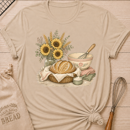Heather Stone Bread and Sunflower Bouquet women's relaxed fit tee with a rustic artisan loaf, a vintage mixing bowl, and a bouquet of sunflowers and wheat