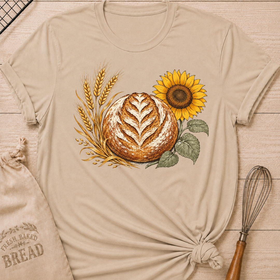 Heather Stone Bread, Wheat and Sunflower women's relaxed fit tee with a hand-scored artisan loaf, golden wheat, and a sunflower