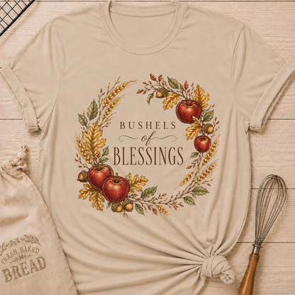 Heather Stone women's relaxed fit tee with a vintage wreath of apples, wheat, acorns and fall leaves