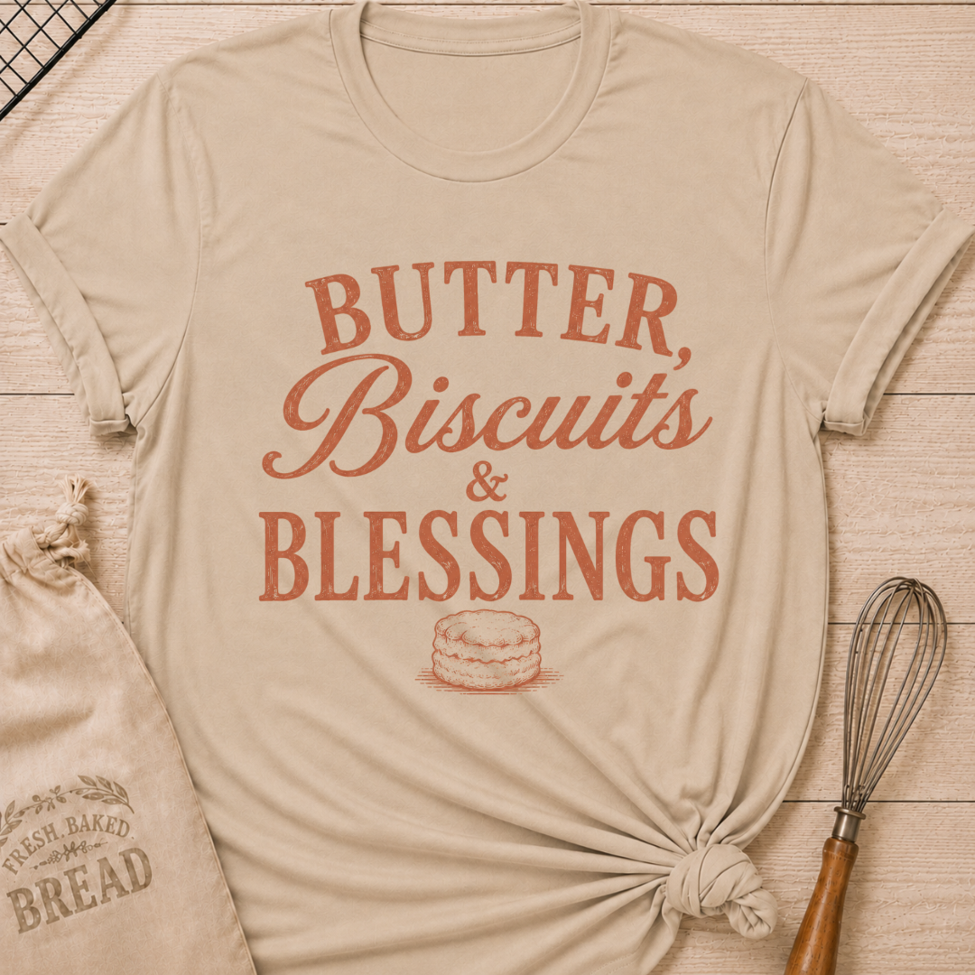 Heather Stone Butter, Biscuits and Blessings women's relaxed fit tee with vintage typography and a classic biscuit illustration