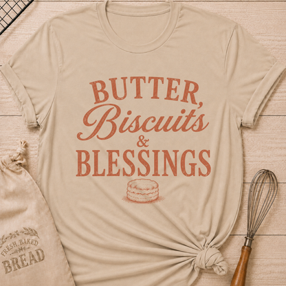 Heather Stone Butter, Biscuits and Blessings women's relaxed fit tee with vintage typography and a classic biscuit illustration