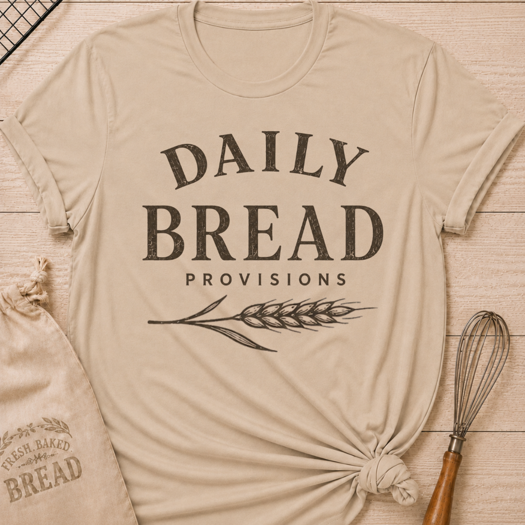 Heather Stone Daily Bread Provisions women's relaxed fit tee with bold vintage lettering and a classic wheat stalk