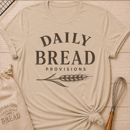 Heather Stone Daily Bread Provisions women's relaxed fit tee with bold vintage lettering and a classic wheat stalk