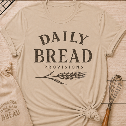 Heather Stone Daily Bread Provisions women's relaxed fit tee with bold vintage lettering and a classic wheat stalk