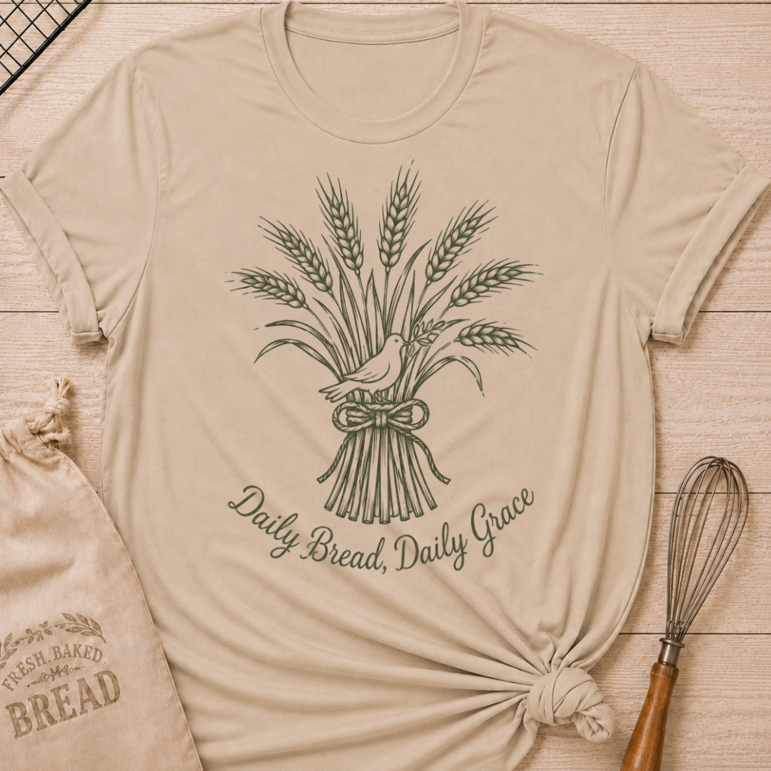 Heather stone women's relaxed fit t-shirt with a tied bundle of wheat and a dove and the words Daily Bread, Daily Grace.