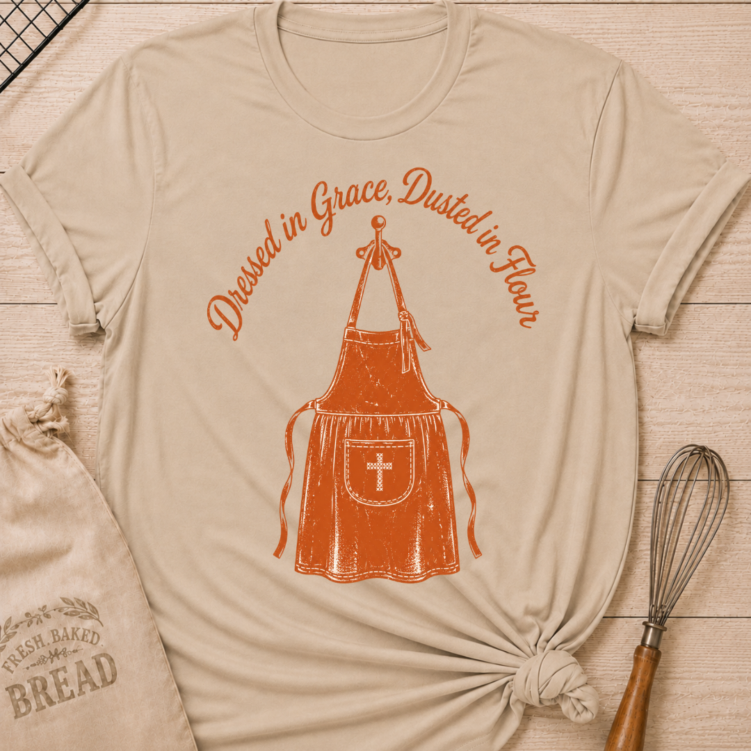 Heather stone women's relaxed fit t-shirt with the words Dressed in Grace, Dusted in Flour on a vintage apron with a stitched cross pocket.