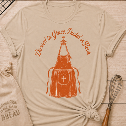 Heather stone women's relaxed fit t-shirt with the words Dressed in Grace, Dusted in Flour on a vintage apron with a stitched cross pocket.
