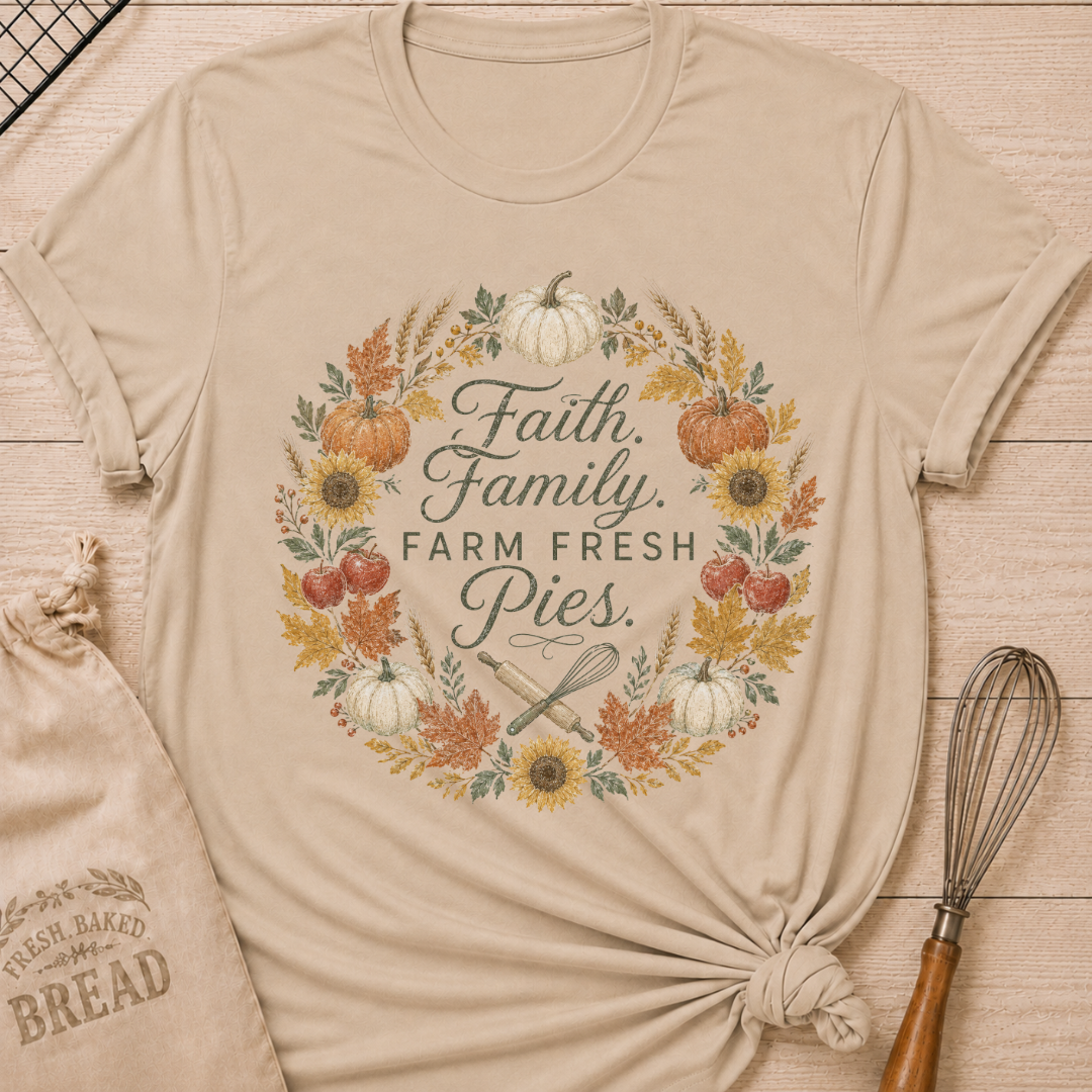 Women's relaxed fit graphic tee in Heather Stone with "Faith, Family, Farm Fresh Pies" design, featuring warm farmhouse-inspired typography on a warm grey heathered shirt
