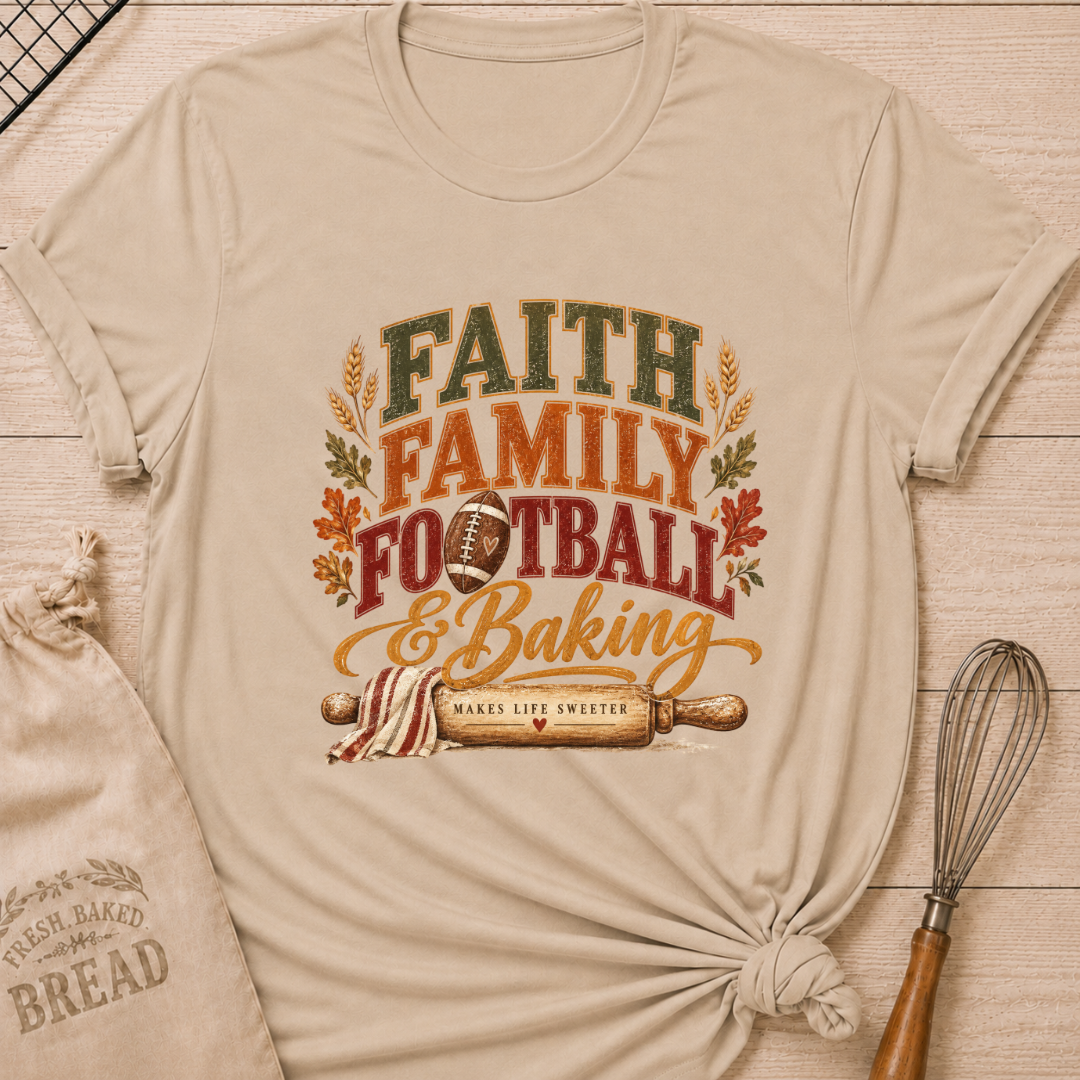 Heather Stone women's relaxed fit tee with vintage collegiate Faith Family Football and Baking lettering above a football and a rolling pin reading Makes Life Sweeter, framed by wheat and autumn leaves