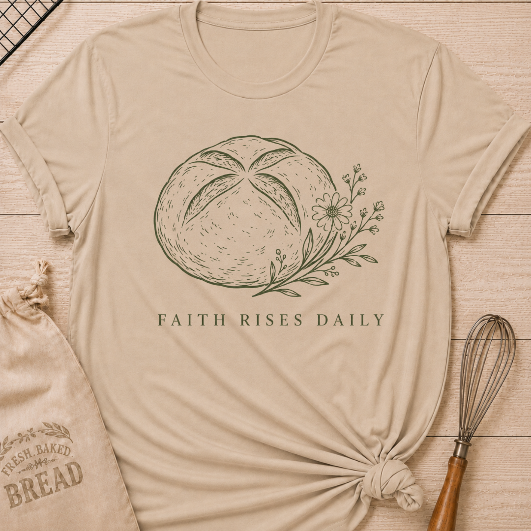 Heather stone women's relaxed fit t-shirt with the words Faith Rises Daily above a scored loaf of bread and delicate wildflowers.