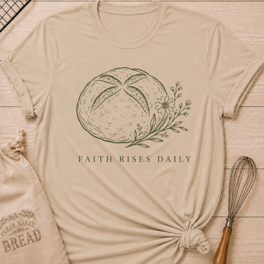 Heather stone women's relaxed fit t-shirt with the words Faith Rises Daily above a scored loaf of bread and delicate wildflowers.