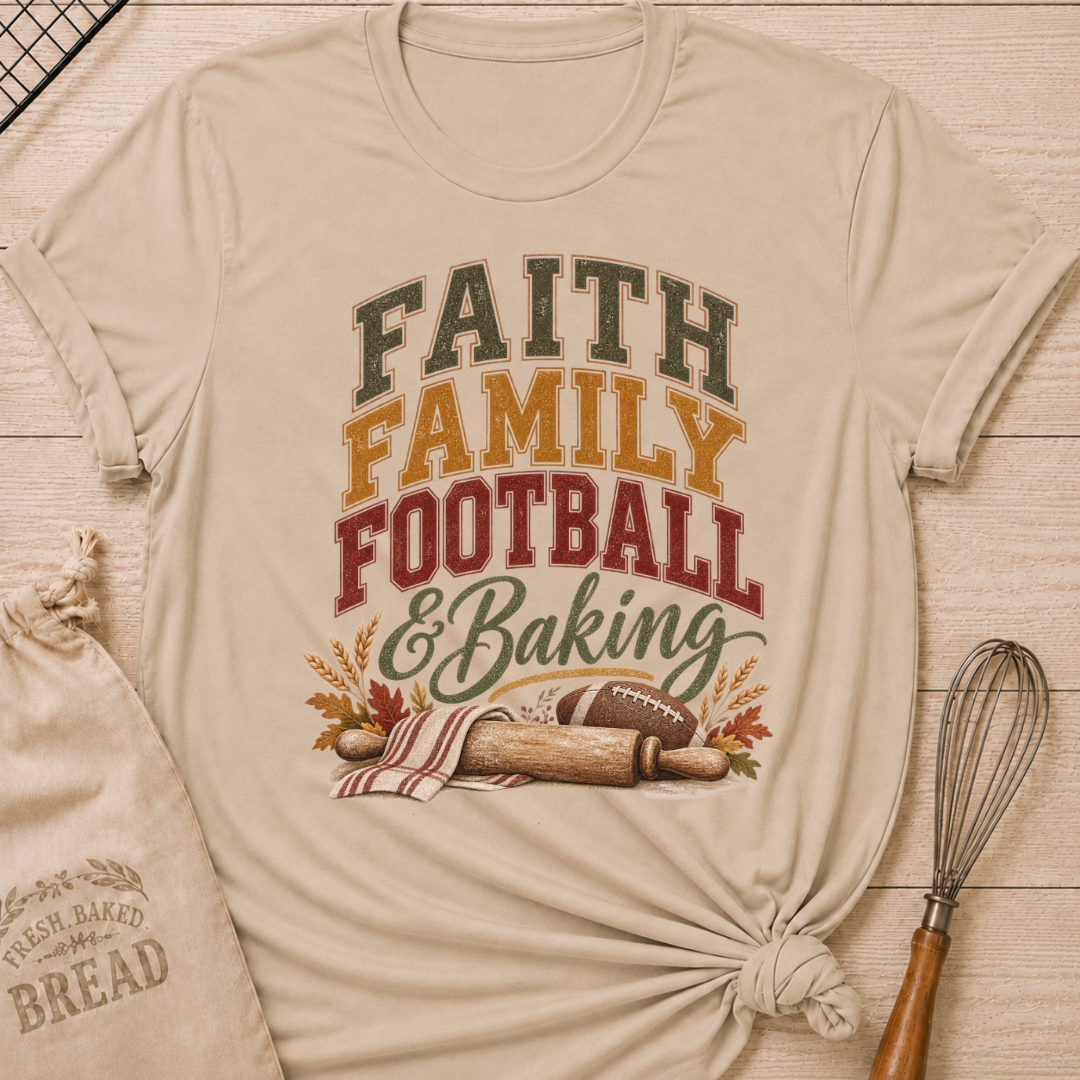 Heather Stone women's relaxed fit tee with vintage collegiate Faith Family Football and Baking lettering above a rolling pin, football, wheat and autumn leaves in warm harvest tones