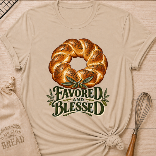 Heather Stone women's relaxed fit tee with a braided loaf accented with olive branches and bold vintage Favored and Blessed lettering in deep earthy tones