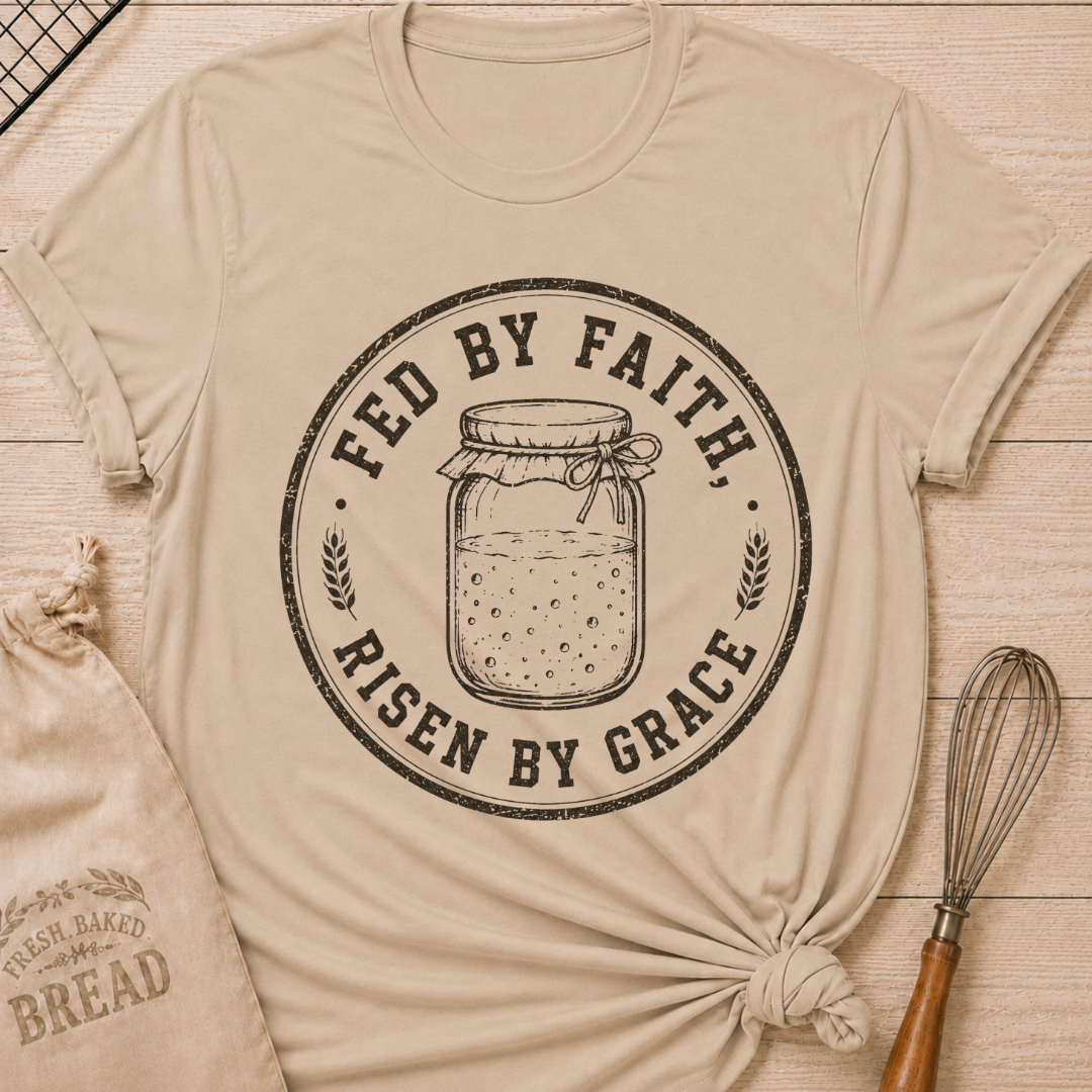 Heather stone women's relaxed fit t-shirt with a vintage sourdough starter jar, wheat and the words Fed by Faith, Risen by Grace.