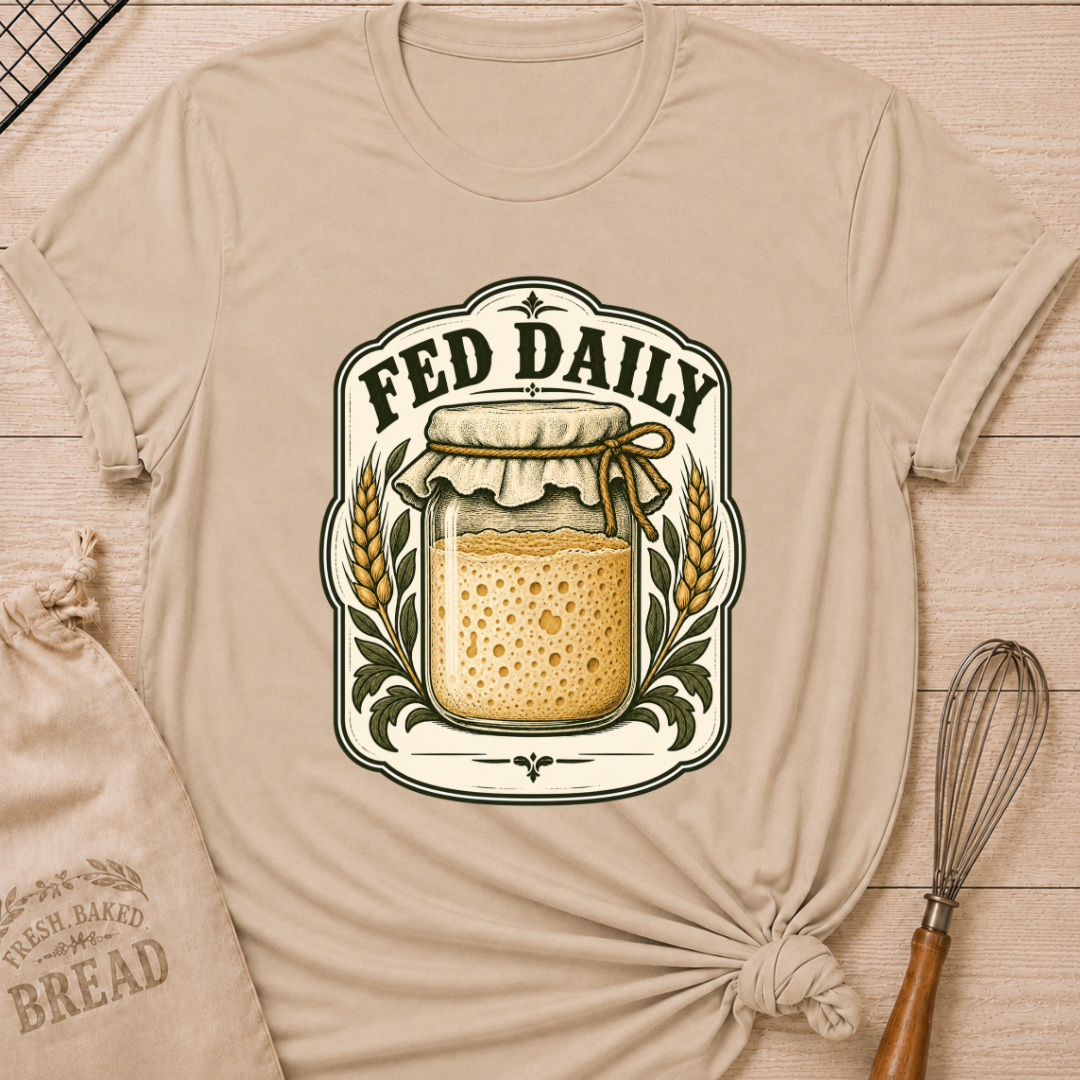 Heather Stone women's relaxed fit tee with a bubbly sourdough starter jar framed by golden wheat and leafy accents in a vintage bakery label, with Fed Daily lettering